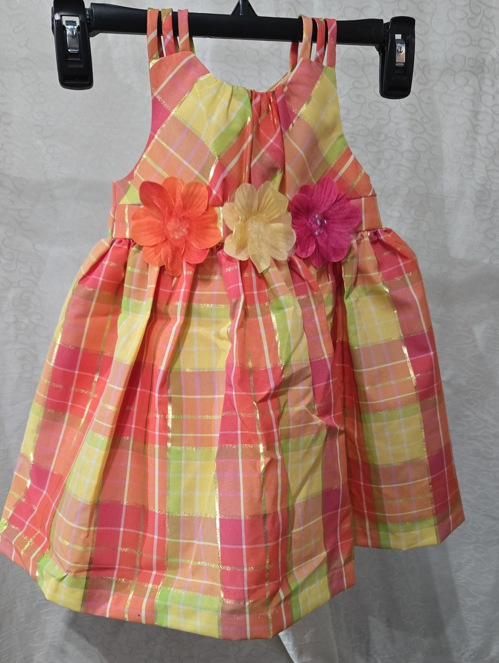 Bonnie Baby Pink Orange Yellow Plaid Floral Sundress With Diaper Cover